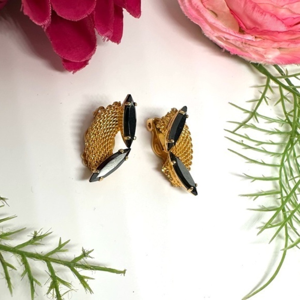 VINTAGE⚜️Golden Mesh Gray Crystal Clip Earrings